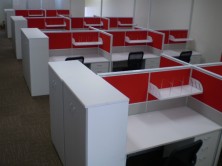 1350 High Screens In 2 Colours. Gable Ended Desks. Drawer Peds. Screen Hung Shelves